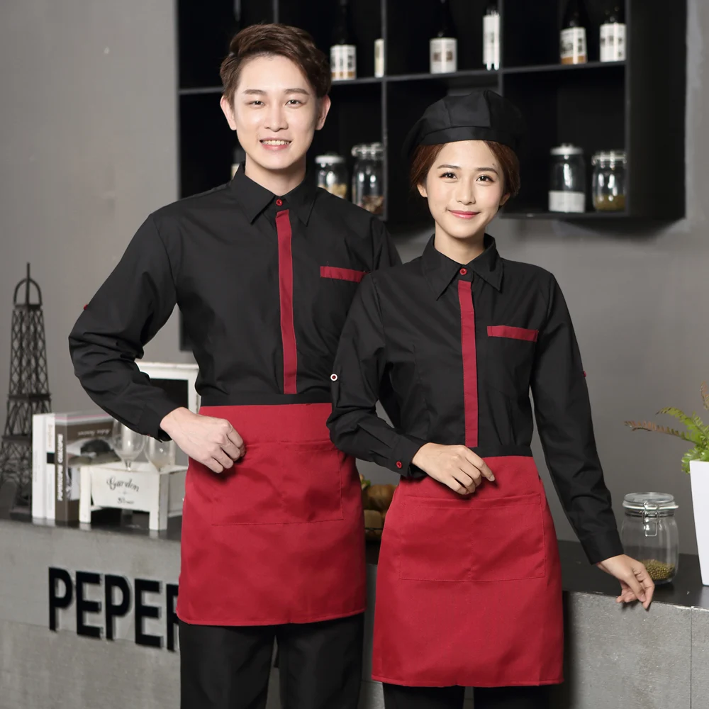 Hotel Waiter Work Clothing Men and Women Long Adjusted Sleeve Print/Embroider DIY Logo Uniform Beer Bar Waitress Shirt+Apron Set