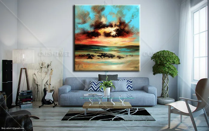 100% Handpainted Oil Paintings Picture Panel Blue Sky colorful could Oil Painting on Canvas sea paintings for Home Decoration