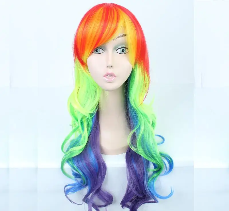 Pony Rainbow Dash Cosplay Wig 65cm Long Curly Wavy Heat Resistant Synthetic Hair Wigs + Wig Cap