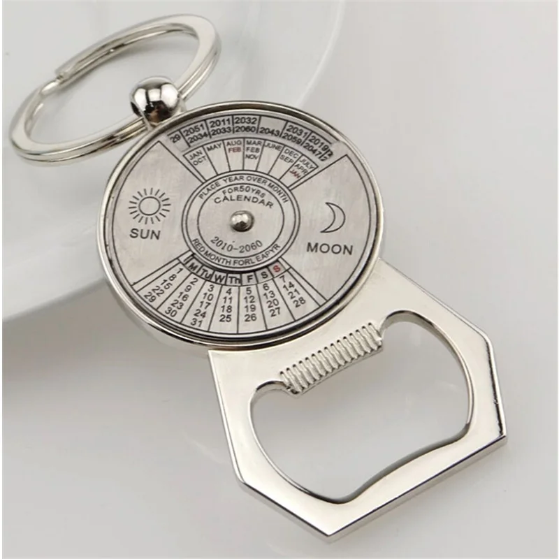 Silver Color 50 Years Super Perpetual Calendar Key Chains Bottle Opener KeyChains Car Bag Pendant Keyring Portable Outdoor Tools