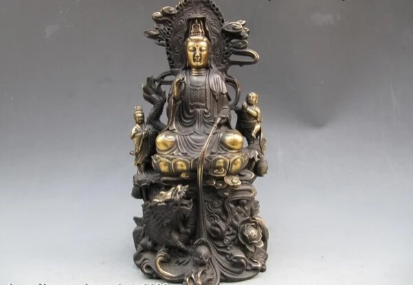 

Free Shipping 40cm Chinese refined Bronze Bodhisattva Guan Yin largess Boy on Dragon Lotus Flower