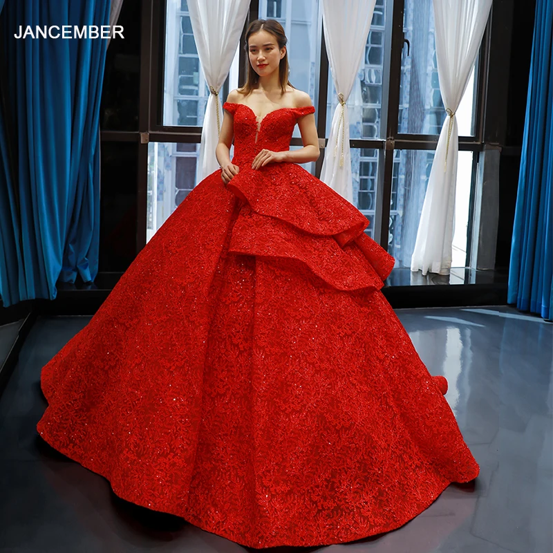 

J66717 jancember evening gown off shoulder sleeveless lace up back floor length red wedding party dresses vestidos de novia 2019