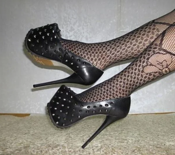 Hot selling punk style solid black color round toe rivets studded high platform dress shoes spike heel woman pumps big size 43