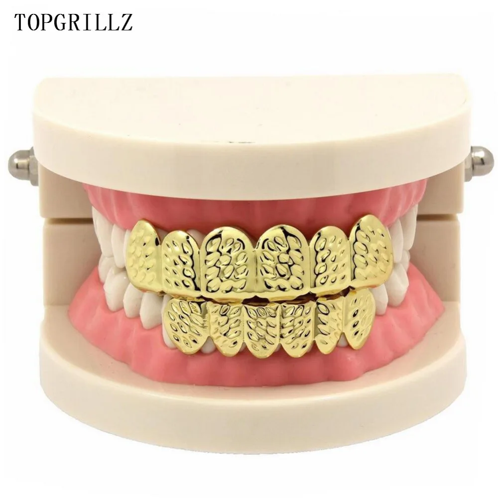 TOPGRILLZ New Fit Gold Color Plated HipHop D-Cut Teeth Grillz Caps Top&Bottom Grill Set for Christmas Party,Women,Men