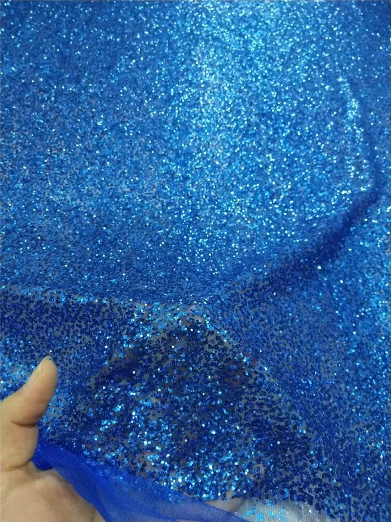 Fashion design 5yards H-1971402 stock Sexy roayl blue glued glitter tulle mesh lace fabric for sawing dress