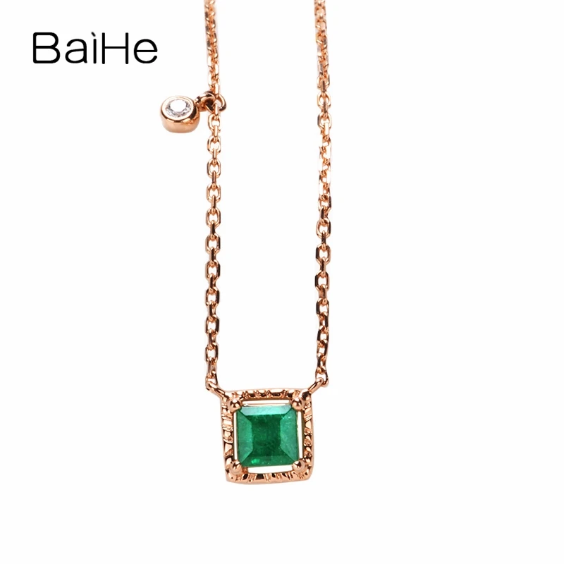 

BAIHE Solid 18K Rose/yellow Gold 3.5mm*3.5mm Natural Square Emerald diamond Necklace Women Men Wedding Trendy Fine Jewelry