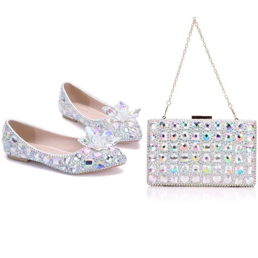 

BaoYaFang New arrival AB crystal Womens wedding shoes with matching bags Pointed Toe crystal flower Bride shoes and purse sets