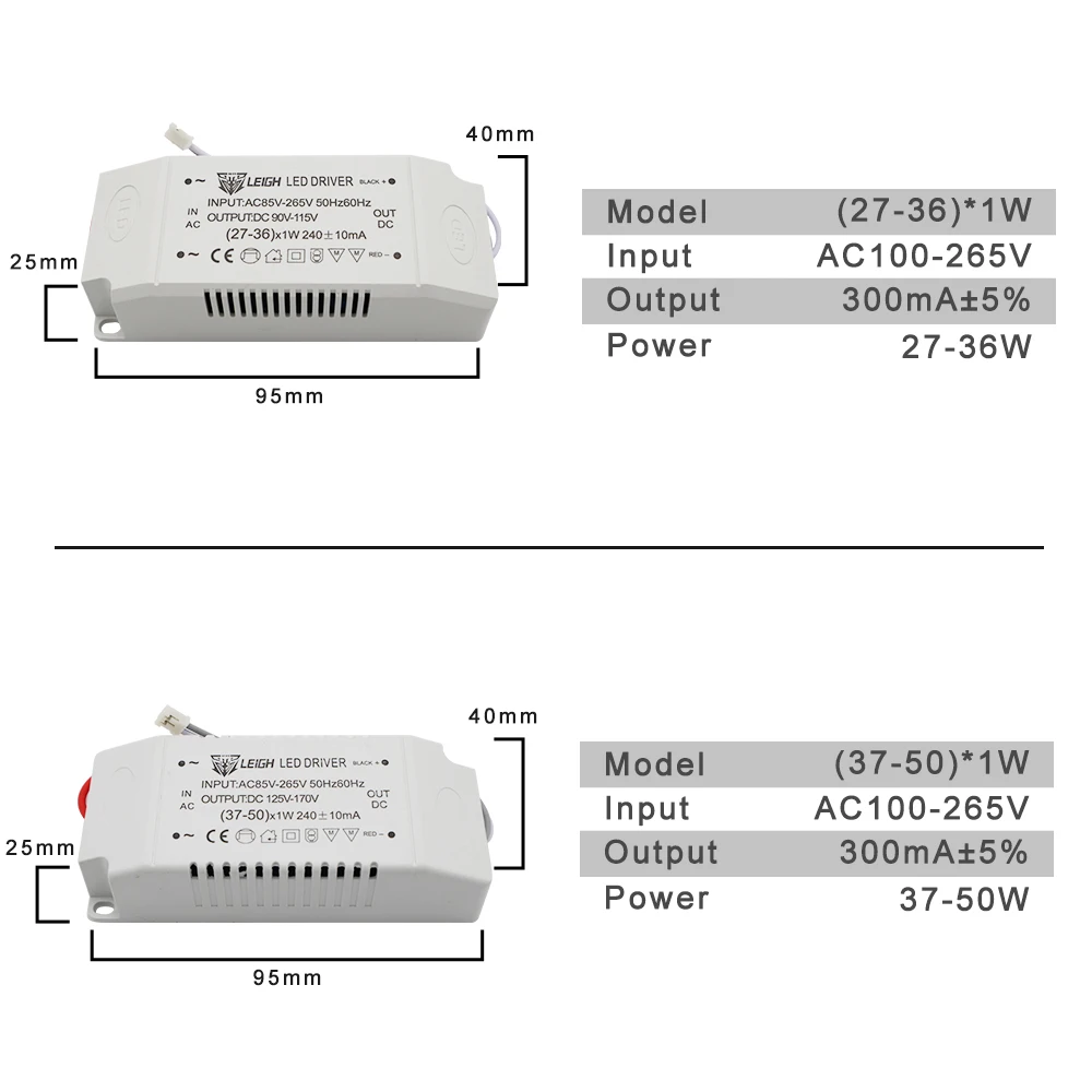 Sterownik stałoprądowy LED 220V 1-3W 4-7W 7-12W 12-18W 26-36W 37-50W Wyjście zasilania 300mA 240mA Zewnętrzne do oświetlenia LED typu Downlight