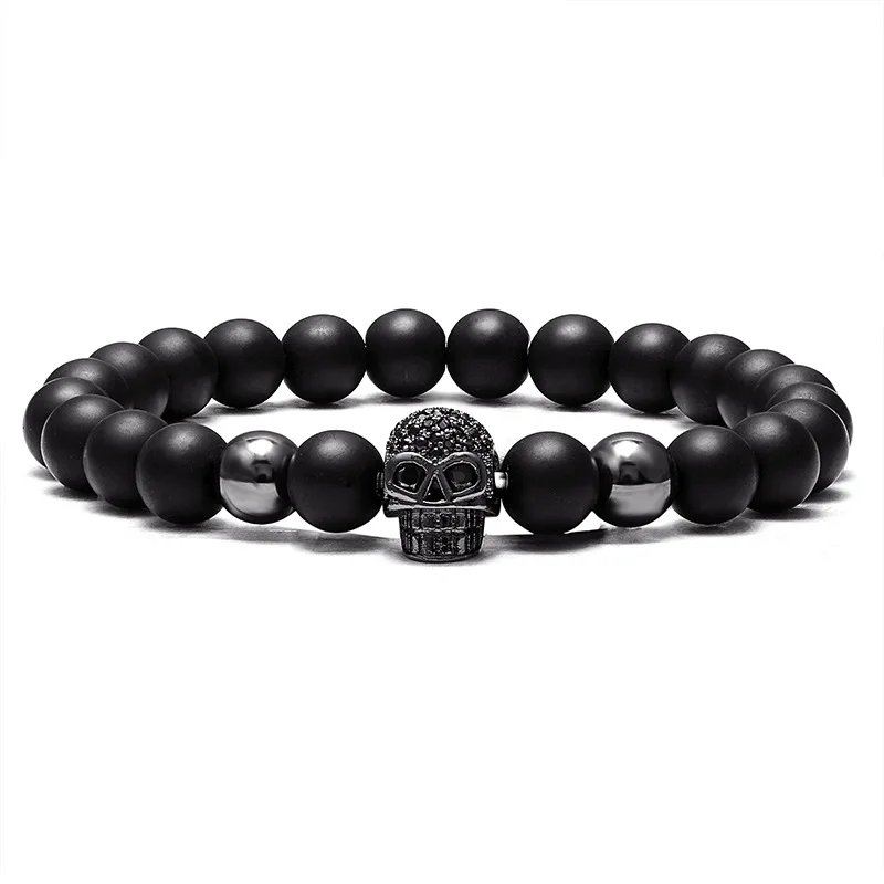 VOQ Fashion Vintage Men\'s Jewelry Black Zircon Skull Charm Bracelet 8mm Beads Natural Stone Bracelet Hot Sale