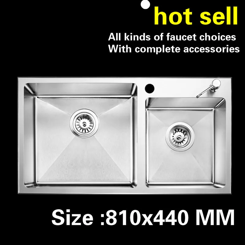 Free shipping Manual double groove big kitchen sink 1.2 mm food grade 304 stainless steel standard hot sell 810x440 MM