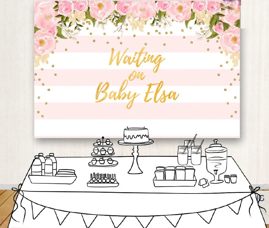 custom flower leaves baby shower gold and pink striped photo studio background  High quality Computer print party backdrops