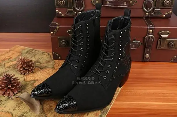 Western black strap cowboy boots mens italian military boots pointed toe suede dress wedding shoes size13