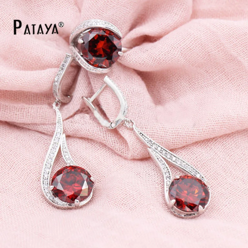 

PATAYA Vintage True White Gold Color Jewelry Red Natural Zircon Long Earring Ring Set Accessories Summer Style Wedding Jewelry