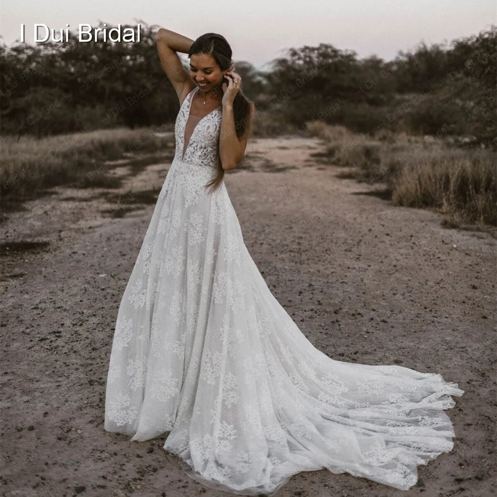 Mergulhando Vestidos De Noiva Pescoço, Cristal Pérola, Vestido De Noiva De Renda Frisado, Custom Made De Fábrica, Foto Real