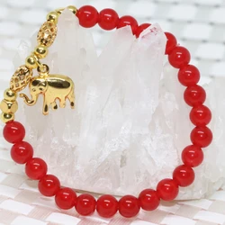 Hot sale strand bracelet natural red chalcedony jades round 6mm beads stone gold-color elephant pendant jewelry 7.5inch B1946