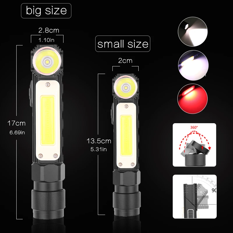 마그네틱 LED 손전등 울트라 브라이트 방수 COB 라이트, USB 충전식 토치 테일 자석 작업등, 90 도 회전