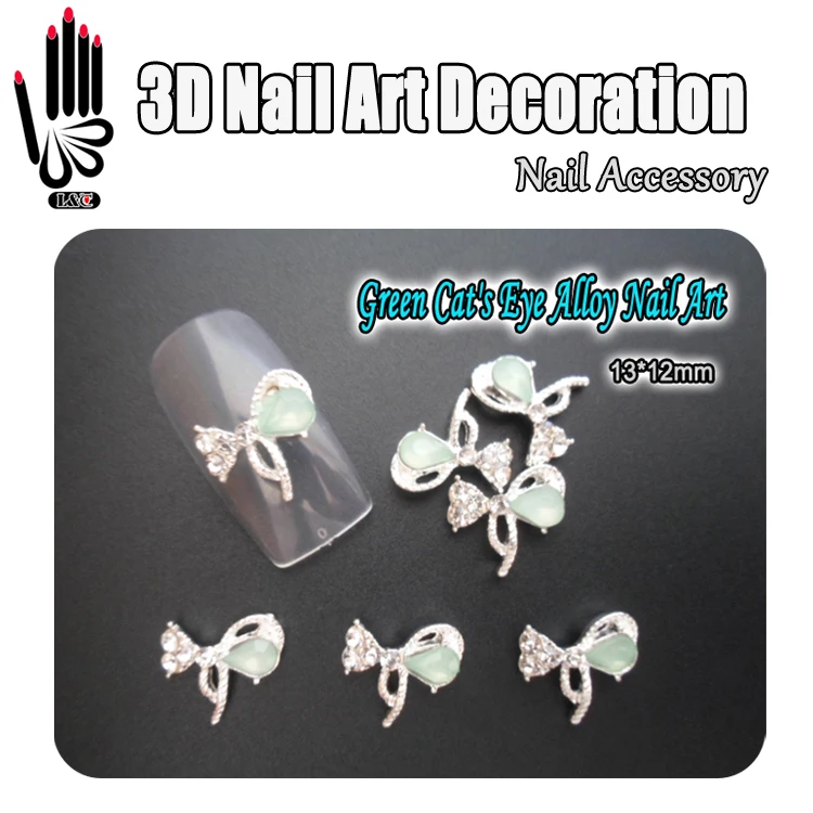 Nail Art-decoración de uñas en 3D, Ojo de gato verde, aleación, purpurina, diamantes de imitación, lazo, 10 unids/lote, Envío Gratis