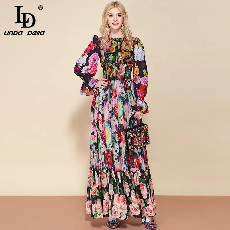 

LD LINDA DELLA Fashion Runway Summer Long Sleeve Maxi Dress Women's elastic Waist Floral Print Elegant Party Holiday Long Dress