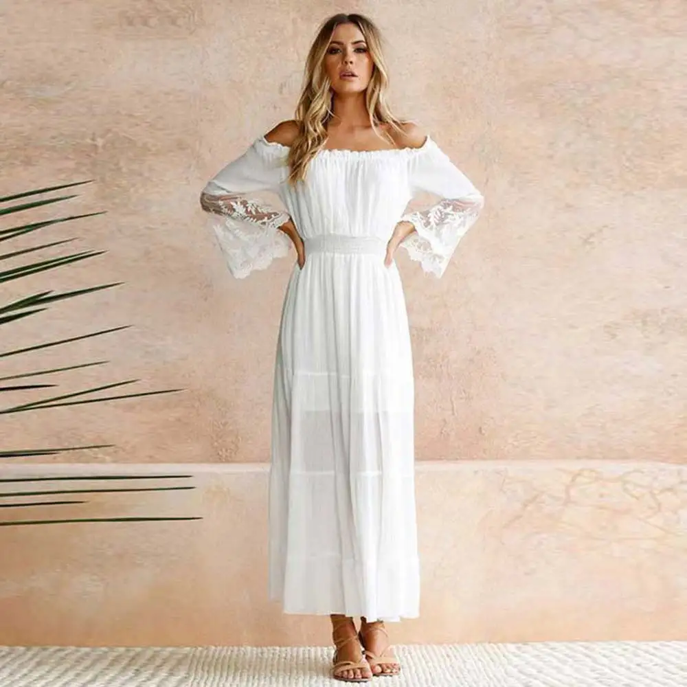 WildPinky Summer Sundress Women White Beach Dress Strapless Long Sleeve Loose Sexy Off Shoulder Lace Boho Chiffon Maxi Dress