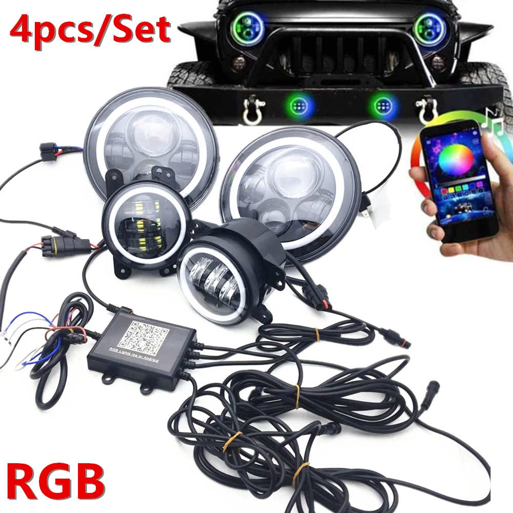 

1 set Chasing RGB Halo 7 inch LED Headlight DRL With 4 inch Fog Light for Jeep Wrangler JK / Wrangler Unlimited 2 4 Door 07-18