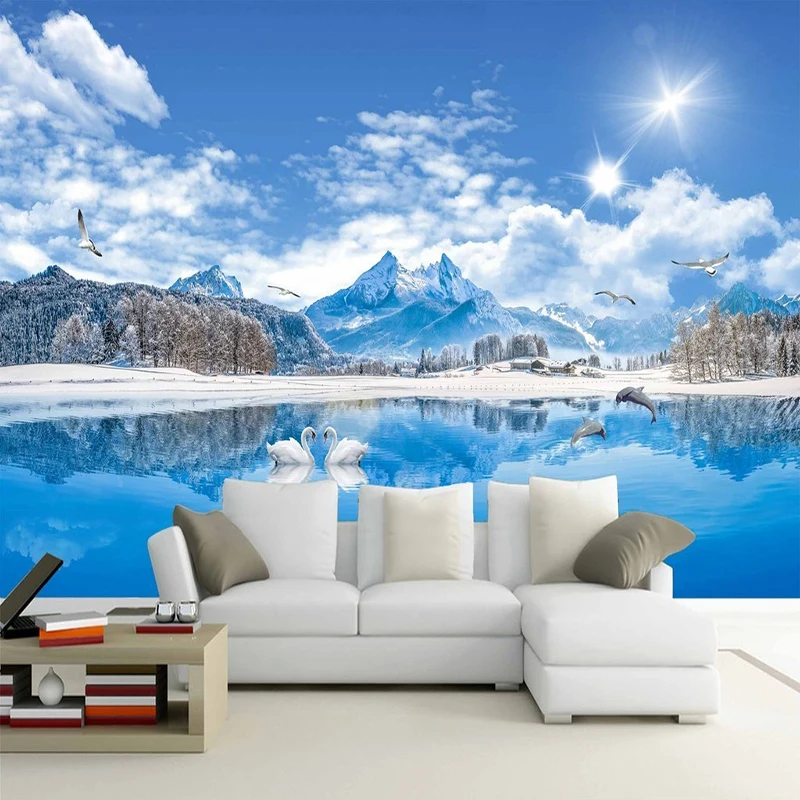 

Custom Murals Wallpaper 3D Nature Landscape Swan Lake Snow Mountain Wall Cloth Living Room TV Sofa Background Wall Paintings 3 D