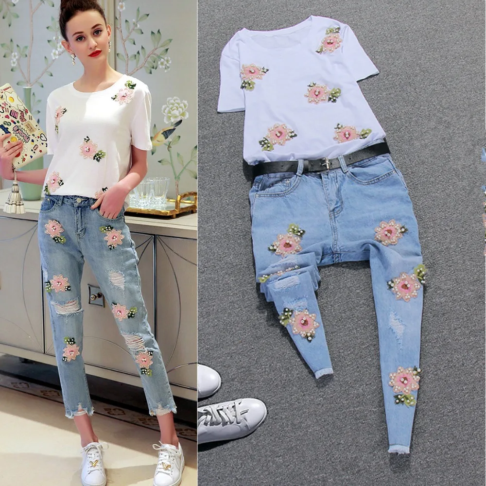 

With Belt Denim Clothing Set Women Flowers Diamonds Embroidery Appliques Tees Tops and Casual Hole Denim Jeans Pants Suits NS178