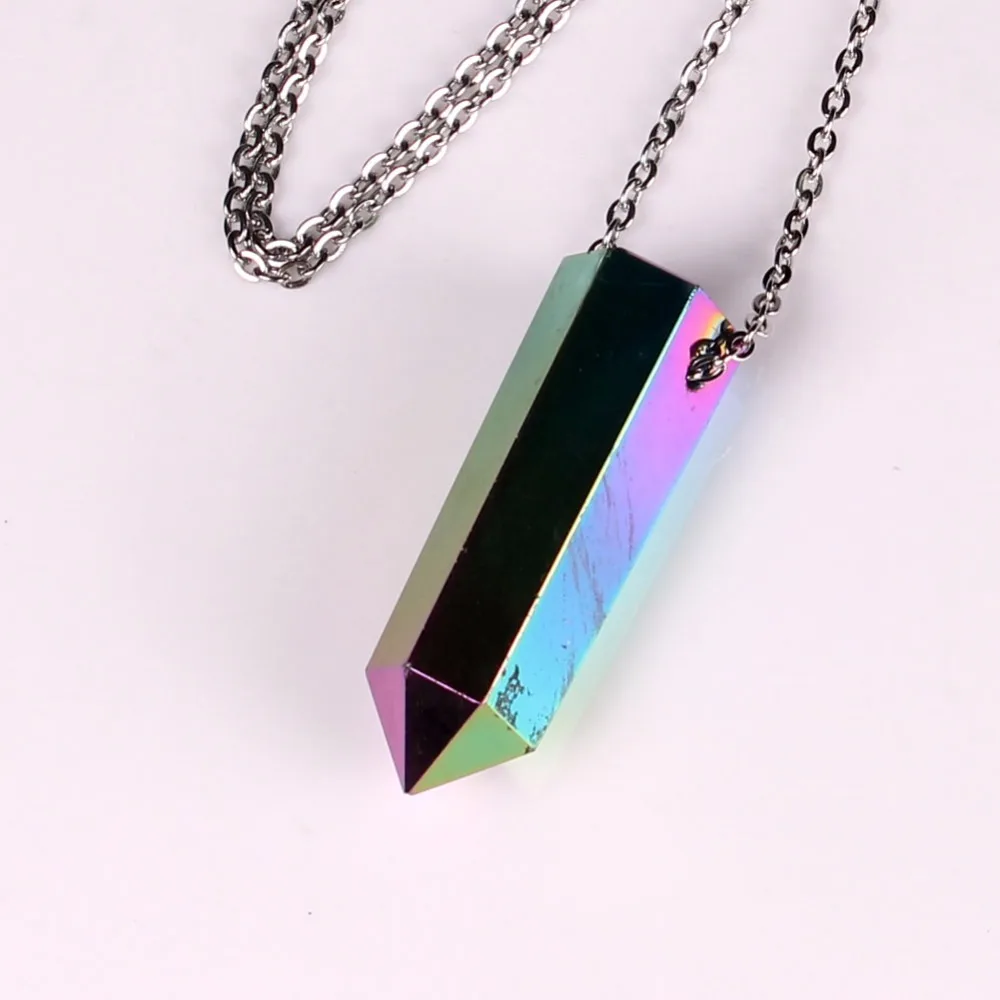 

Wholesale Special Natural Stone Reiki Chakra Titanium Pendants Treat Titanium Rainbow Healing Quartz Pendulum Free Shipping