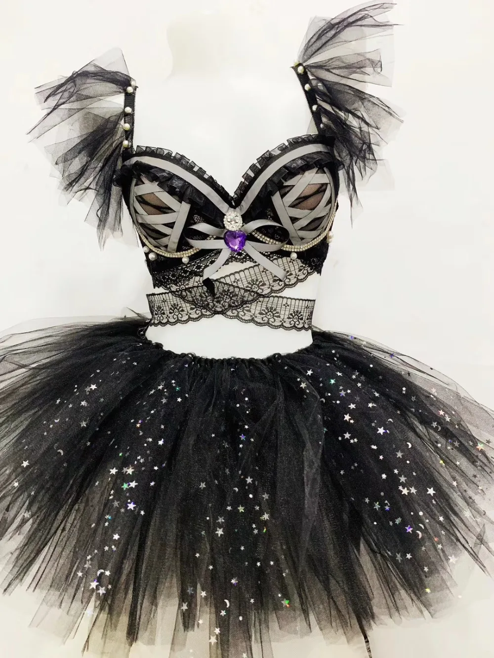 Black lace pearl bikini Skirt Set Nightclub Women Dance Costume Sexy Female Bar Party DJ Performance Show Outfits party