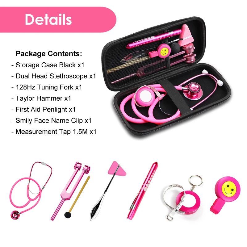 Pink Medical Health Monitor Storage Case Bag Pouch Package Kit with Stethoscope Tuning Fork Reflex Hammer LED Penlight Tool