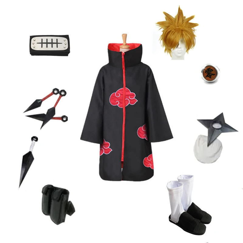 Brdwn Unisex Akatsuki Ninja Pein Cosplay Costume Full set( Red Cloud Cloak+Headband+Shoes+Accessories)