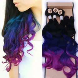 Wignee  Synthetic Hair Extension For Black Women Colorful Hair Bundles With Closure 3 Tone Ombre Color Purple/Blue/Grey Hair