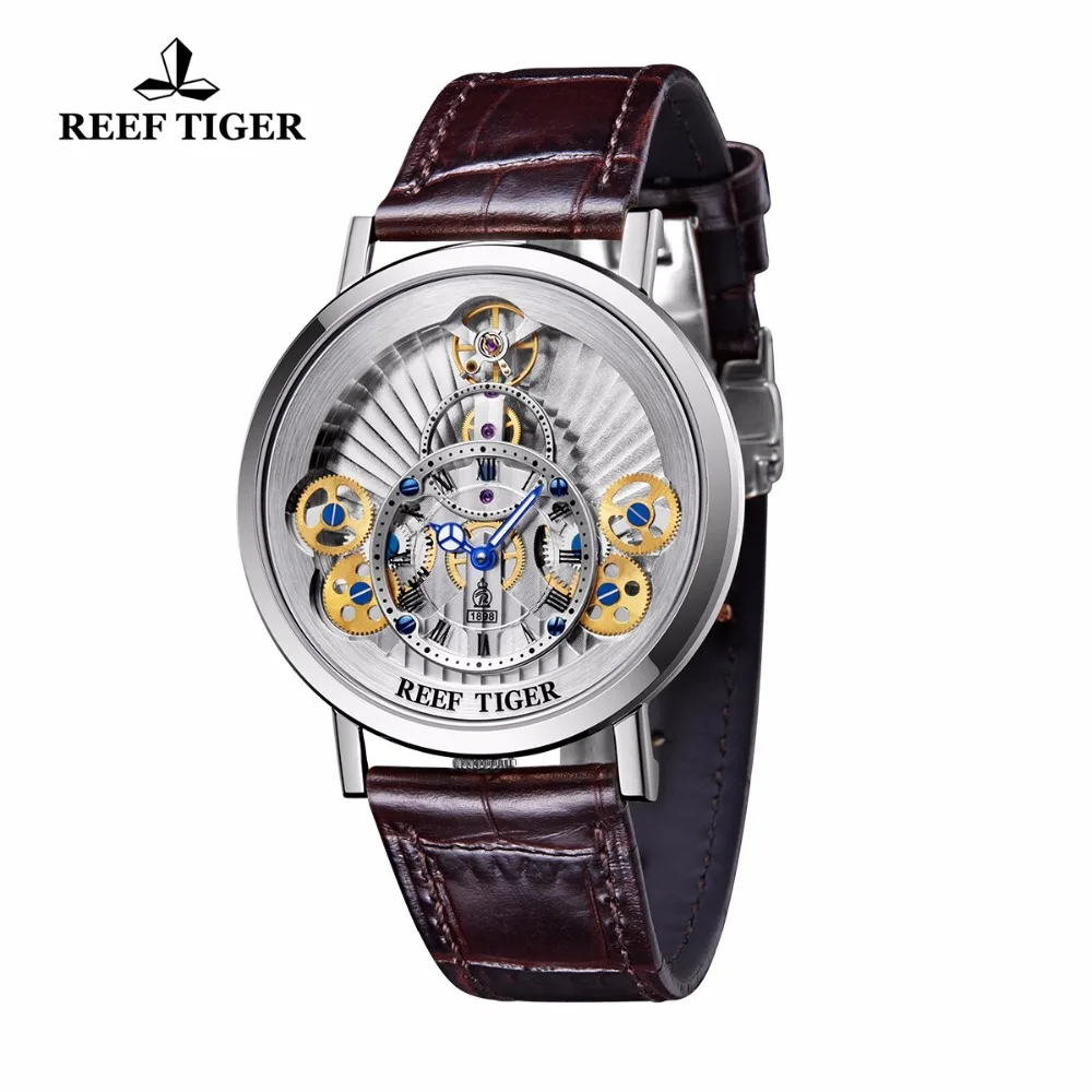 Reef Tiger/RT Designer Skeleton Watches for Men Gear Wheel   Quartz Watches Leather Band RGA1958