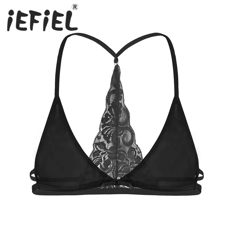 Sexy Male Mens Sissy Lingerie Mesh See Through Sheer Floral Lace Y-shape Back Wire-free Unlined Triangle Bralette Bra Top