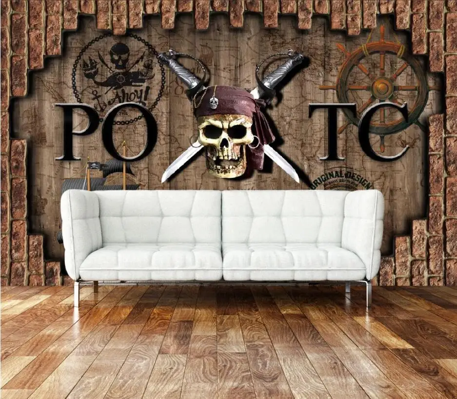 Custom wallpaper mural 3D retro brick Caribbean pirate bar background wall