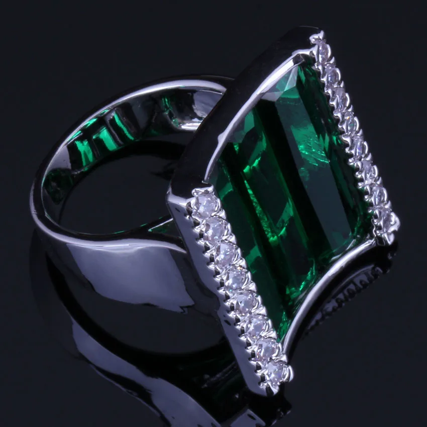 Charismatic Rectangle Green Cubic Zirconia White CZ Silver Plated Ring V1066