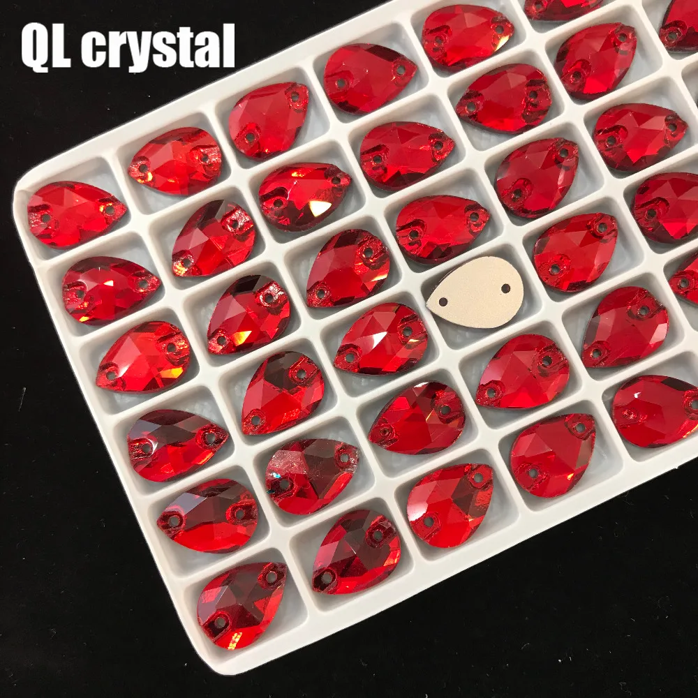 QL Crystal 2018 popular  Red Drops Sew On Crystals for Craft Sewing On Rhinestone 2 Holes DIY Garment Dress Making