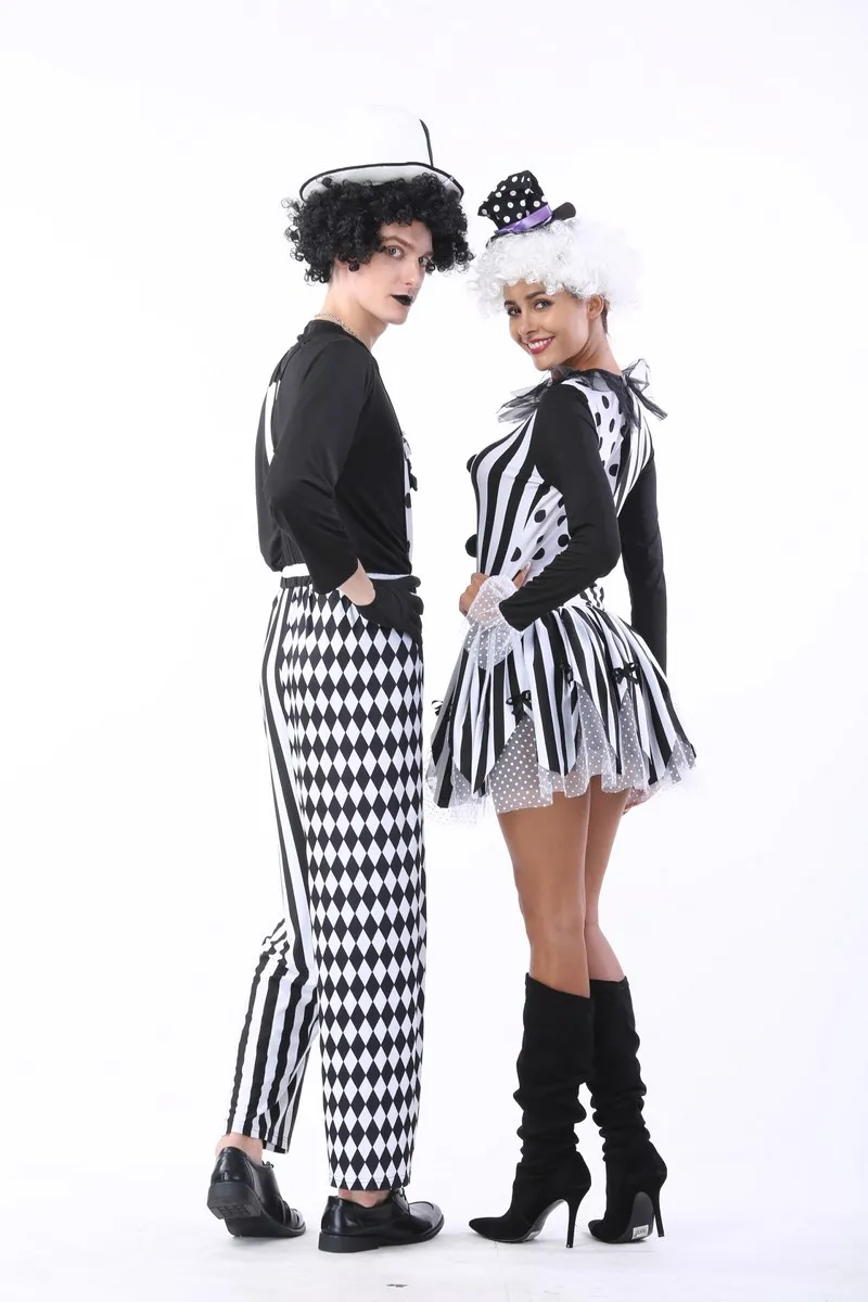 Black and White Couple Circus Clown Costume,Mens Nobody\'s Fool Costume,Women Devious Playful Jester Babe Costume Clowns Uniforms