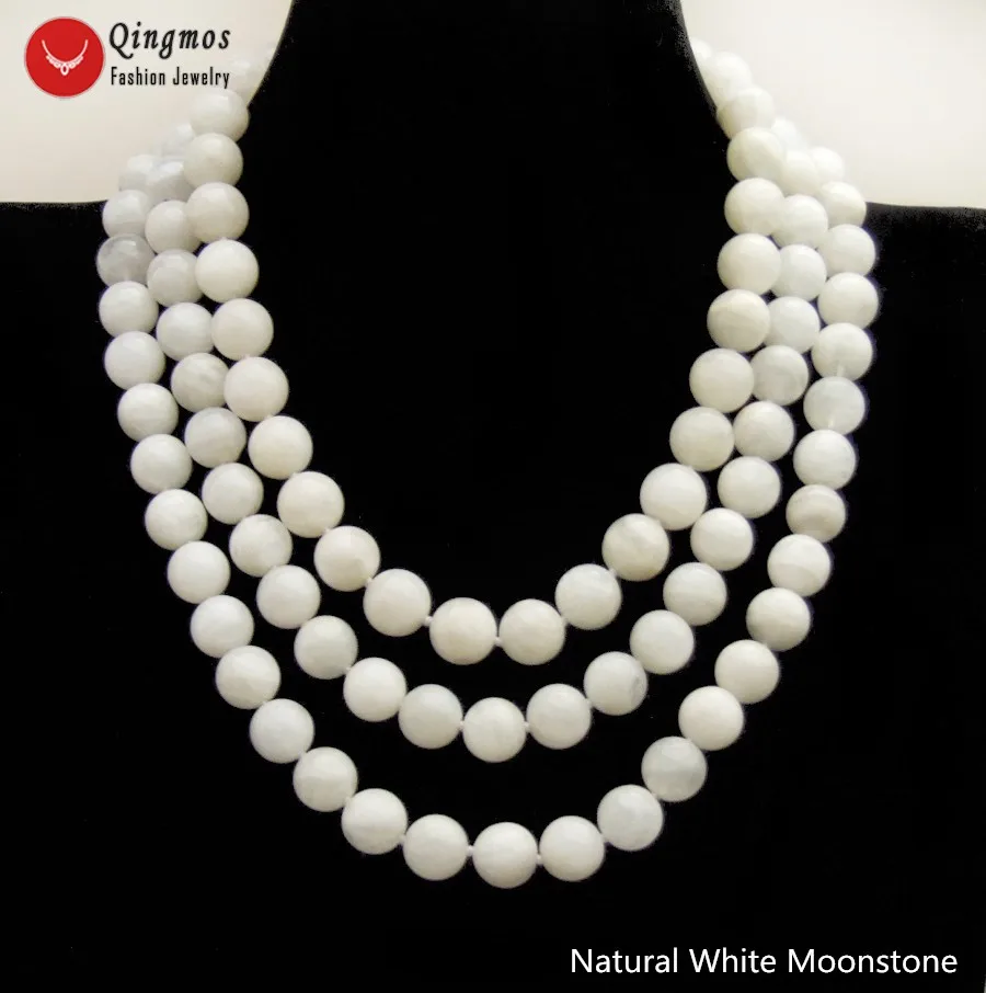 

Qingmos Natural White Moonstone Necklace for Women with 12mm Round Moonstone Stone Necklace Jewelry 3 Strands Chokers 17-19''