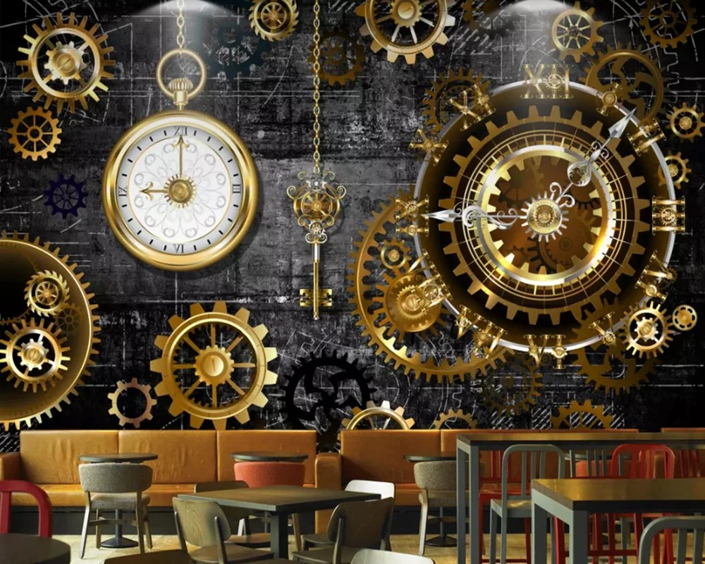 

Industrial style gold gear clock retro3d wallpaper papel de parede,living room sofa tv wall bedroom restaurant KTV bar mural