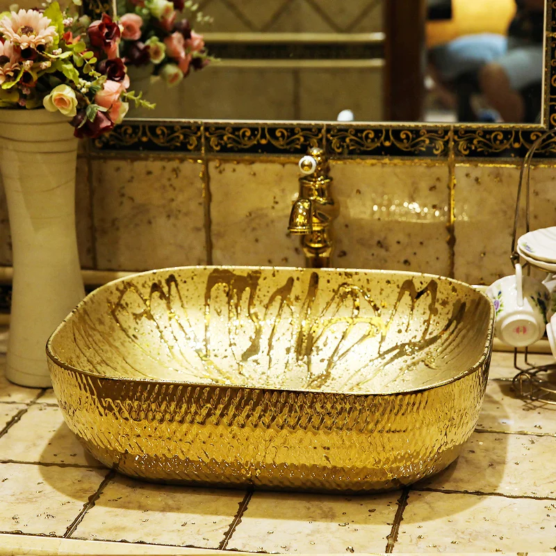 Oval Europe Style Handmade Countertop Ceramic wash basin Bathroom Basin Bathroom Sink porcelain oval wash basins gold color