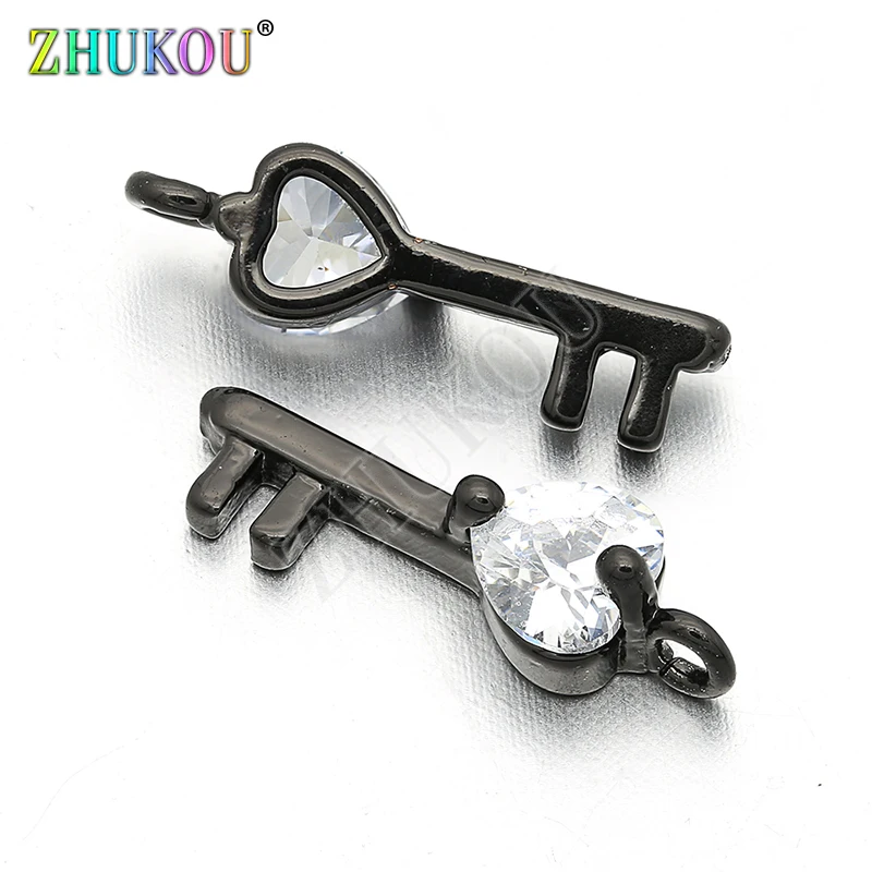 5*16mm Brass Cubic Zirconia Key with Crystal Love Heart Charms Pendants DIY Jewelry Findings Accessories, Model: VD128