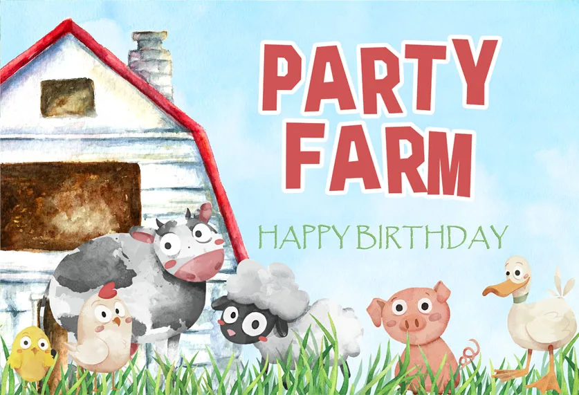 Farm Party Theme Photography Backdrop Old Stone House  Pig Sheep Grass Animals Fence Garden Custom Photo Backgrounds for Studio