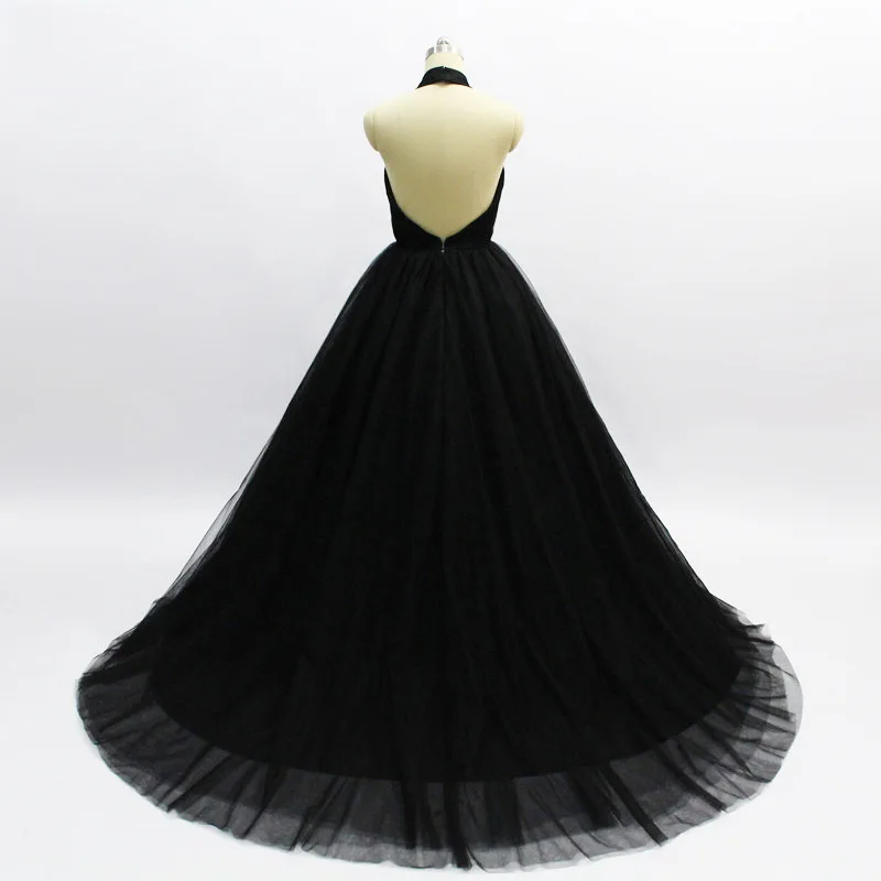 Black Princess Evening Dress Long Sexy Ball Gowns High-end Prom Dresses Backless 2019 New Sweep Train Deep V-neck Haute Couture