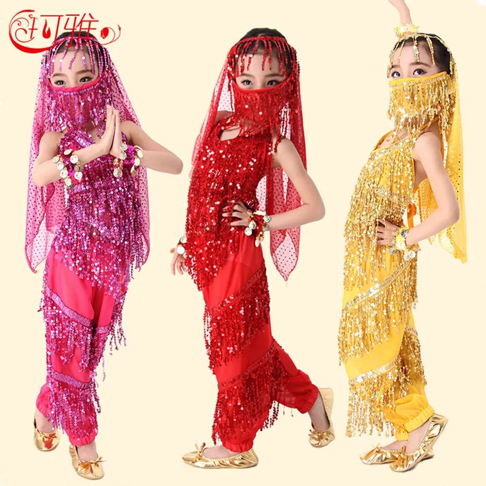 Belly Dance เครื่องแต่งกายชุดเด็ก Belly เต้นรำเสื้อผ้าสำหรับสาวเด็ก Bellydance Bollywood Dance สวม 4 สีสำหรับเลือก