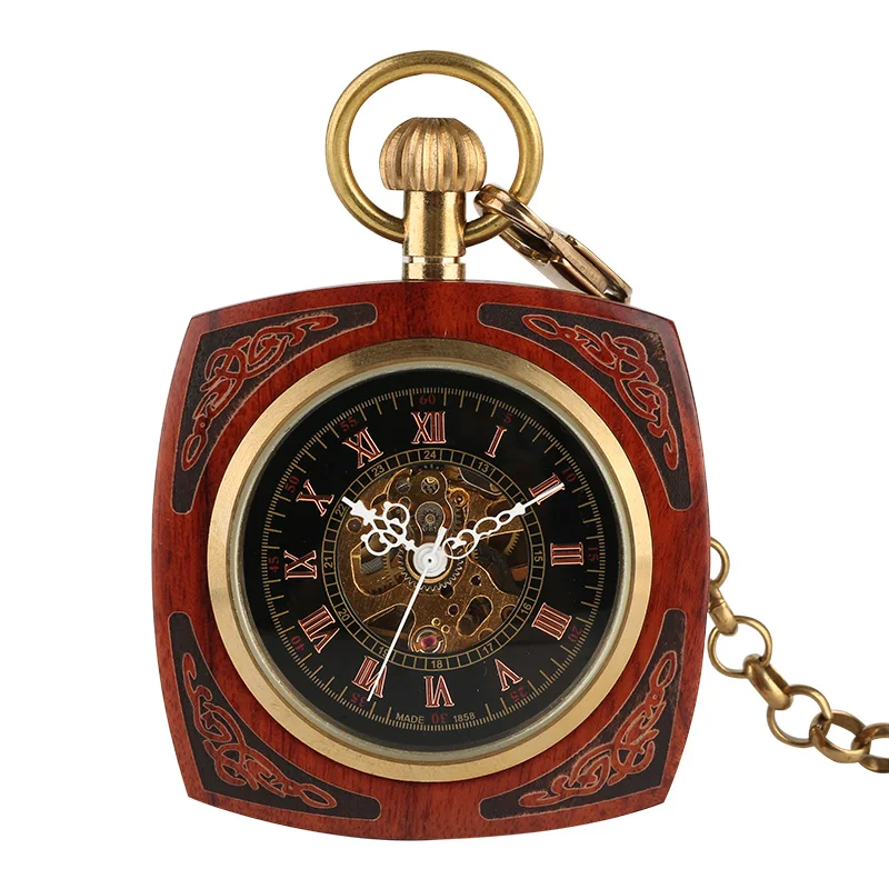 Retro Unique Royal Red Wooden Bamboo Hand Winding Mechanical Pocket Watch Square Dial with 30cm Gold Chain Men Hour Clock Gifts