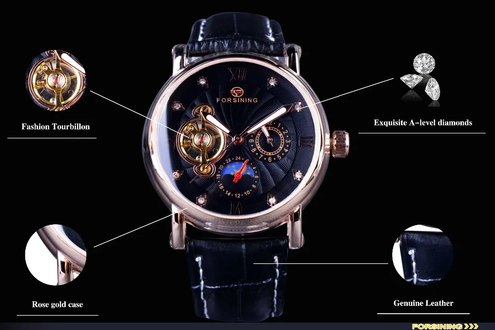 Forsining Fashion Luxury Luminous Hands Rose Golden Men Watches Top Brand Tourbillion Diamond Display Automatic Mechanical Watch