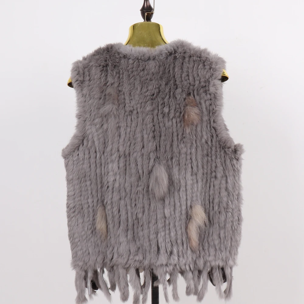 New Lady Knitted Genuine Rabbit Fur Vests 100% Natural Rabbit Fur Gilets Women Winter Knit Tassel Rabbit Fur Sleeveless Jackets