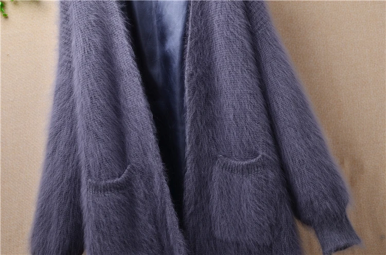 Lady women winter thicken warm long plush mink cashmere cardigan long sleeves loose angora fur knitwear sweater top coat mantle