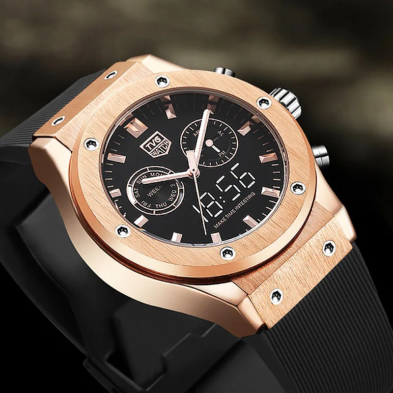 

Man Watch 2020 TVG Top Brand Luxury Men Watches Waterproof Dual Time Analog Digital Quartz Watch Rose Gold Men's Watch Silicone