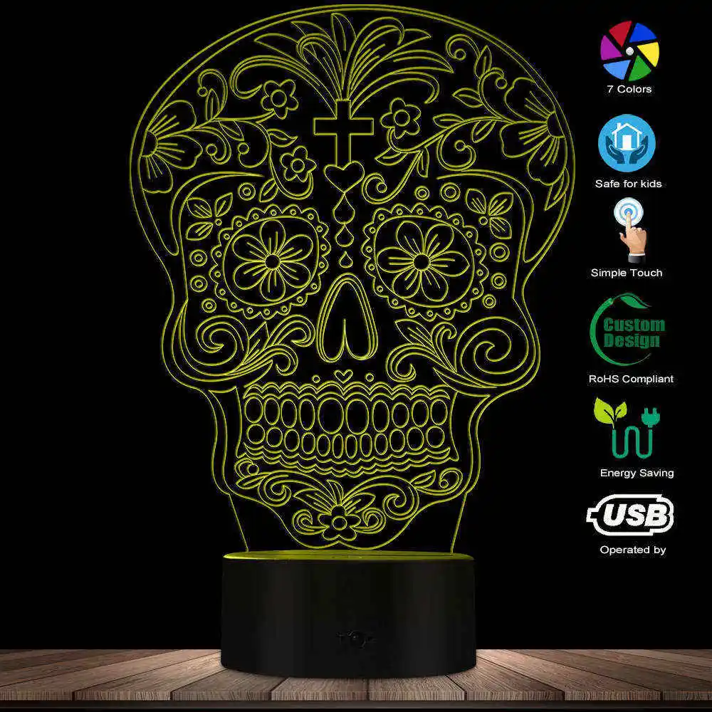 Sugar Skull 3D Light Horror The Day Of The Dead Illusion Projection Lamp Dia De Muertos 3D Novelty Night Light Halloween Gift